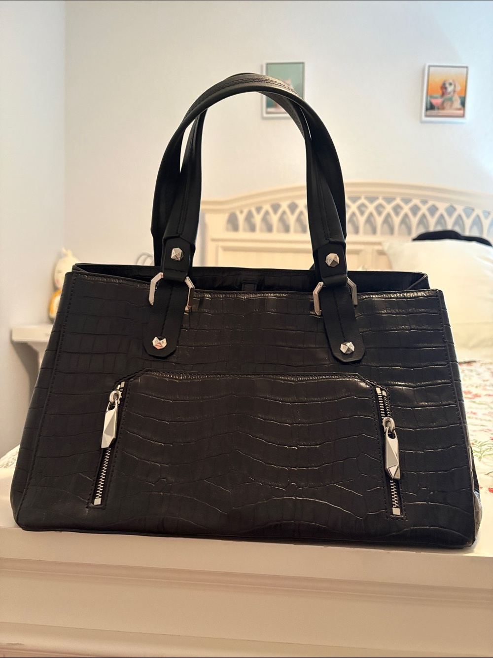 henri bendel Black Croc-Embossed Tote with Silver Hardware